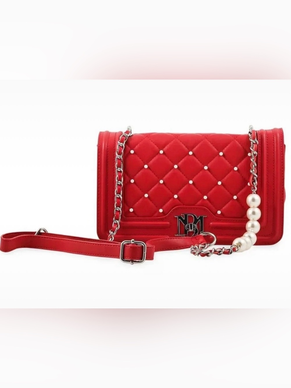 Badgley Mischka Red Quilted Pearl-Accent Chain Crossbody